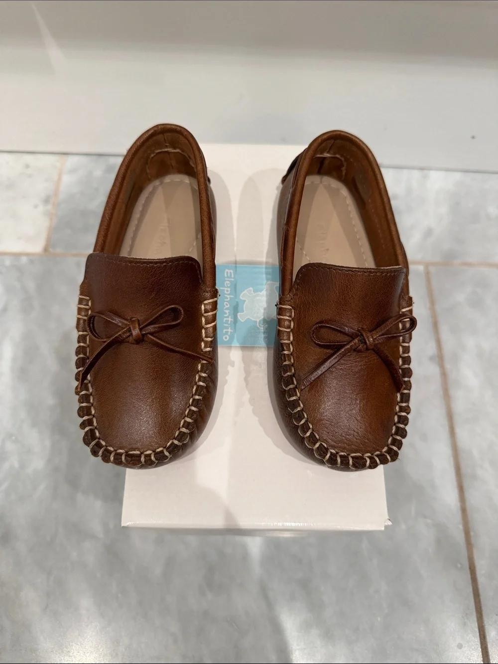 Elephantito Chestnut Brown Leather Moccasins with Bow Trim